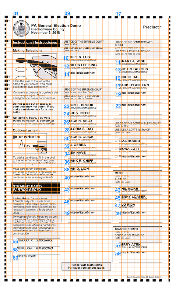 Example of an ES&S hand-marked paper ballot<br />with grid lines and coordinates added to indicate oval positions